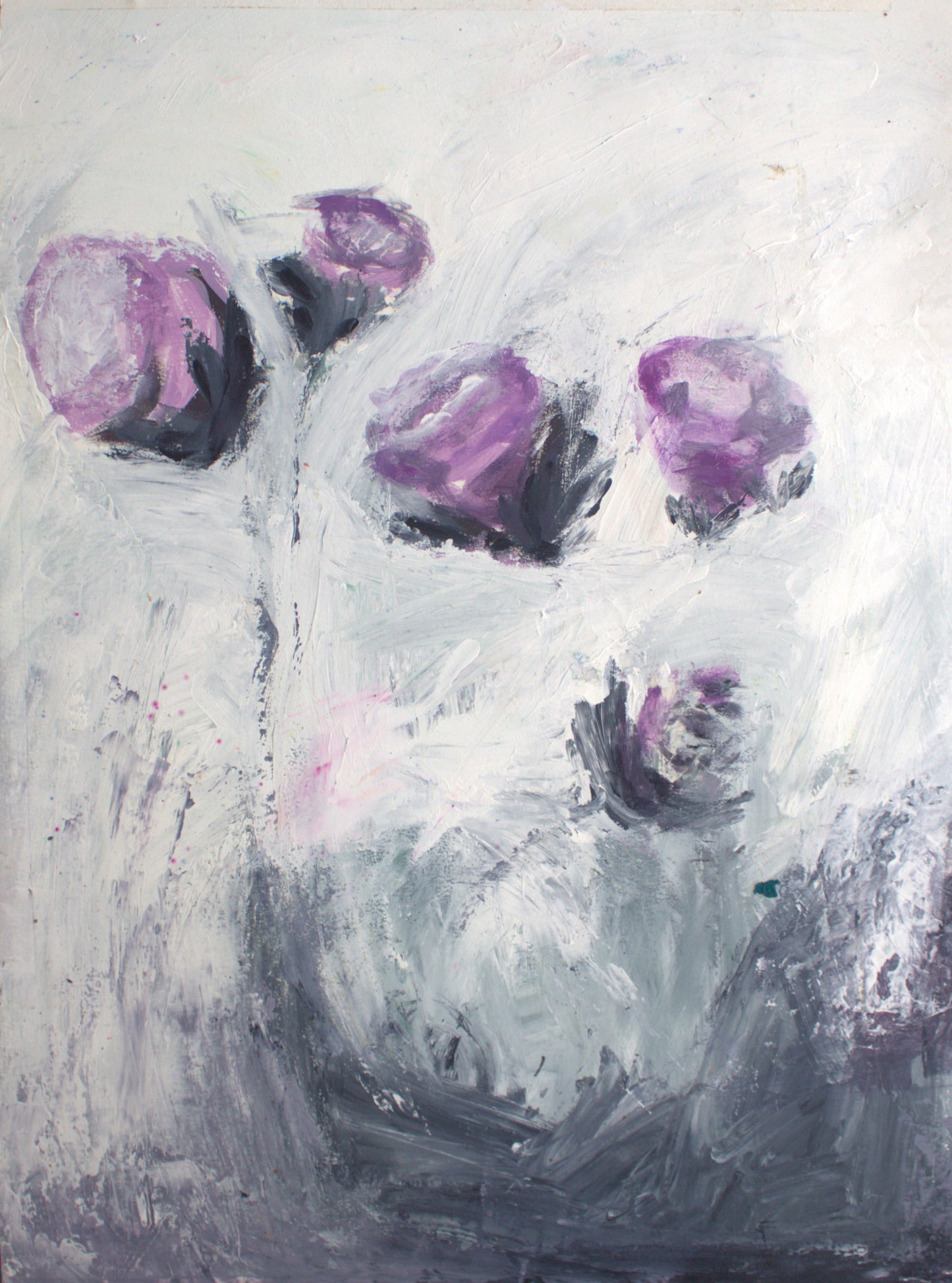 Original acrylic painting of three purple flowers in snow, soft and moody, on heavyweight watercolor paper by artist Lori Bartel