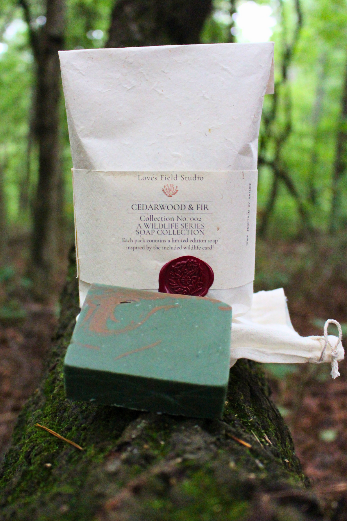 A bar of soap and its paper packaging bag displayed outdoors on a mossy log in a forest setting. The soap is a muted sage green with a copper swirl, and the packaging is a textured off-white paper bag with a red wax seal.