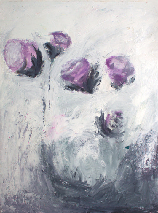 Original acrylic painting of three purple flowers in snow, soft and moody, on heavyweight watercolor paper by artist Lori Bartel
