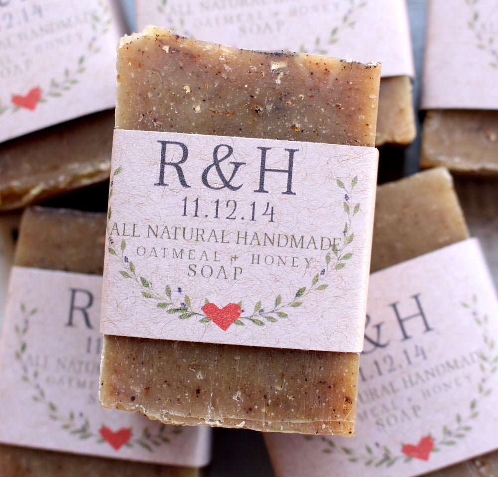 personalized handmade soap wedding favors with custom labels, olive oil goat milk soap bars