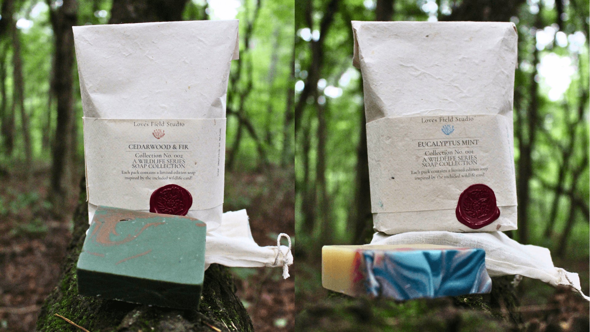 Two wrapped paper bags of handmade soap from Loves Field Studio are displayed outdoors on a mossy log in a forest setting, each accompanied by a handmade soap bar. The left bag is labeled cedarwood and fir and is paired with a green soap bar. the right bag is labeled eucalyptus mint and is paired with a blue pink swirled soap bar.