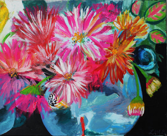 Original vibrant oil painting of wild florals in rich layered color on wrapped canvas by artist Lori Bartel