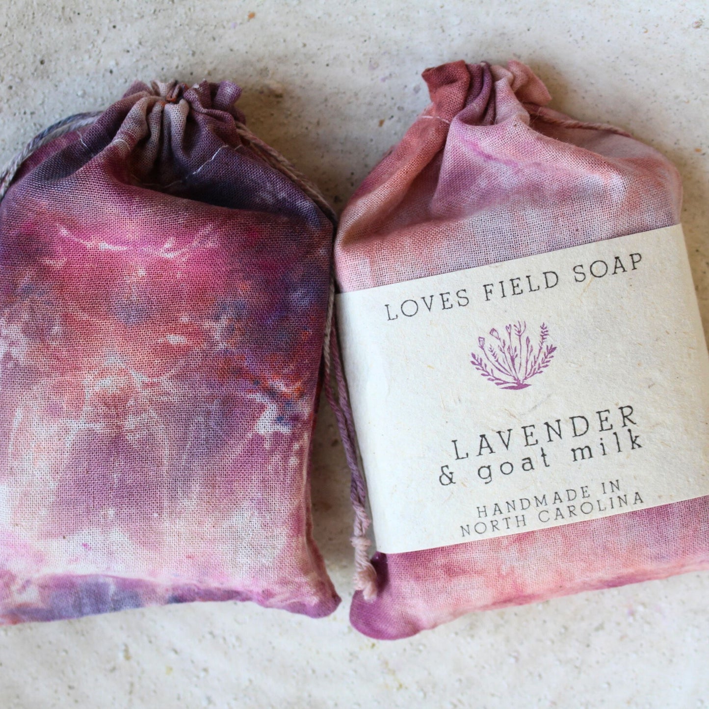 hand dyed cotton drawstring bags with handmade lavender goat milk soap, natural fabric gift bags in pink and mauve tones