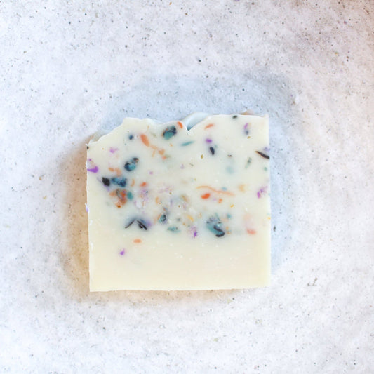handmade confetti goat milk soap bar with colorful specks, cold process palm oil free natural soap