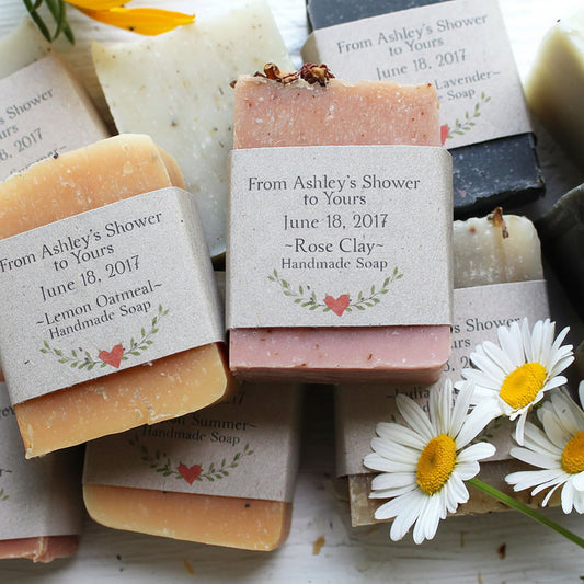 personalized bridal shower soap favors with custom kraft label, handmade goat milk soap